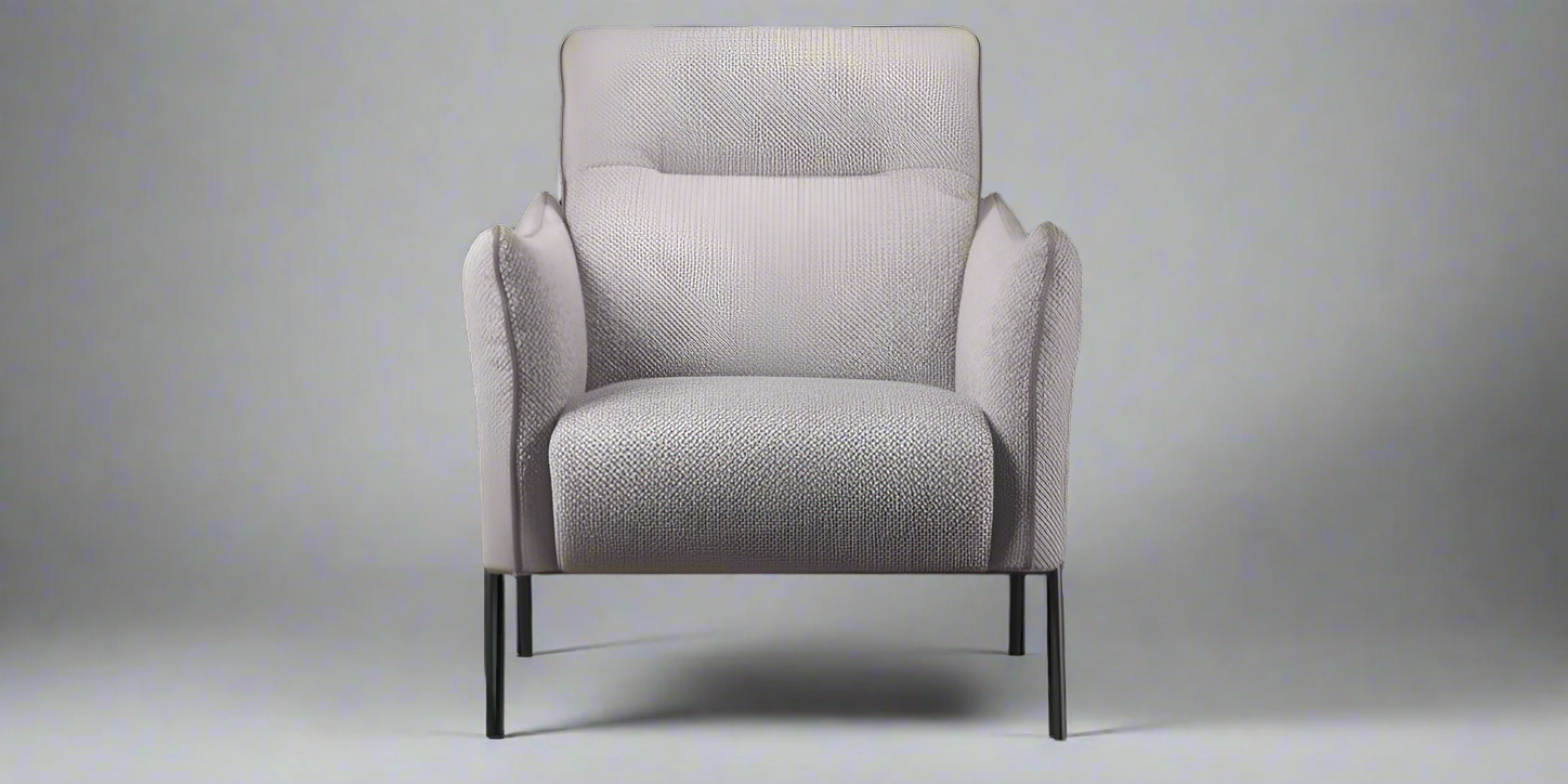 A gray upholstered armchair with high metal legs and a modern design, suitable for both indoor and outdoor use.