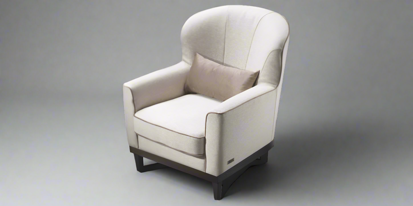 A beige upholstered Lodi armchair with a decorative strap made of hardwood, set against