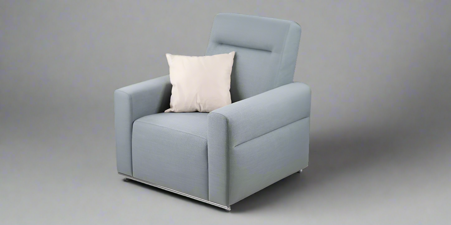 A modern gray upholstered armchair with a cushioned seat and backrest