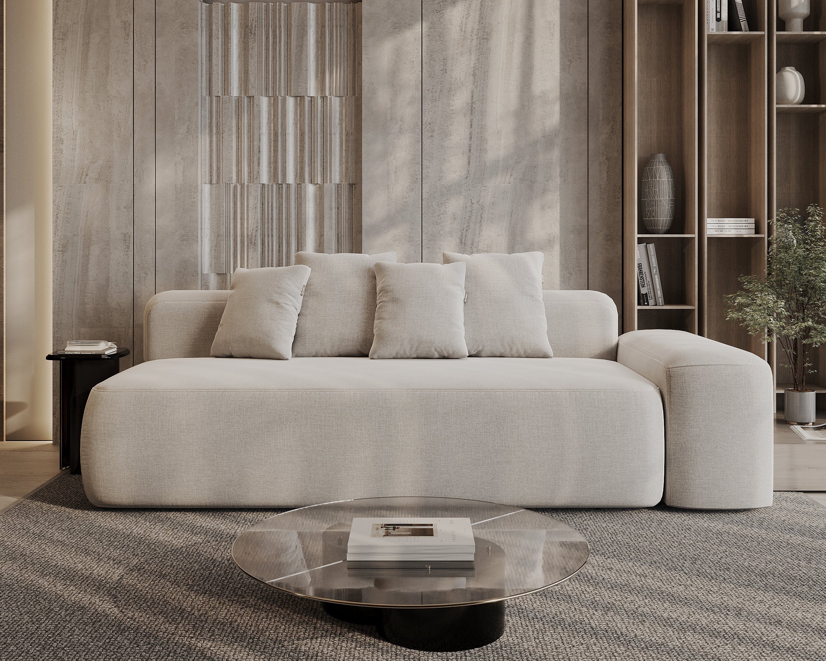 Modern living room with a beige sofa, coffee table, and decorative elements.