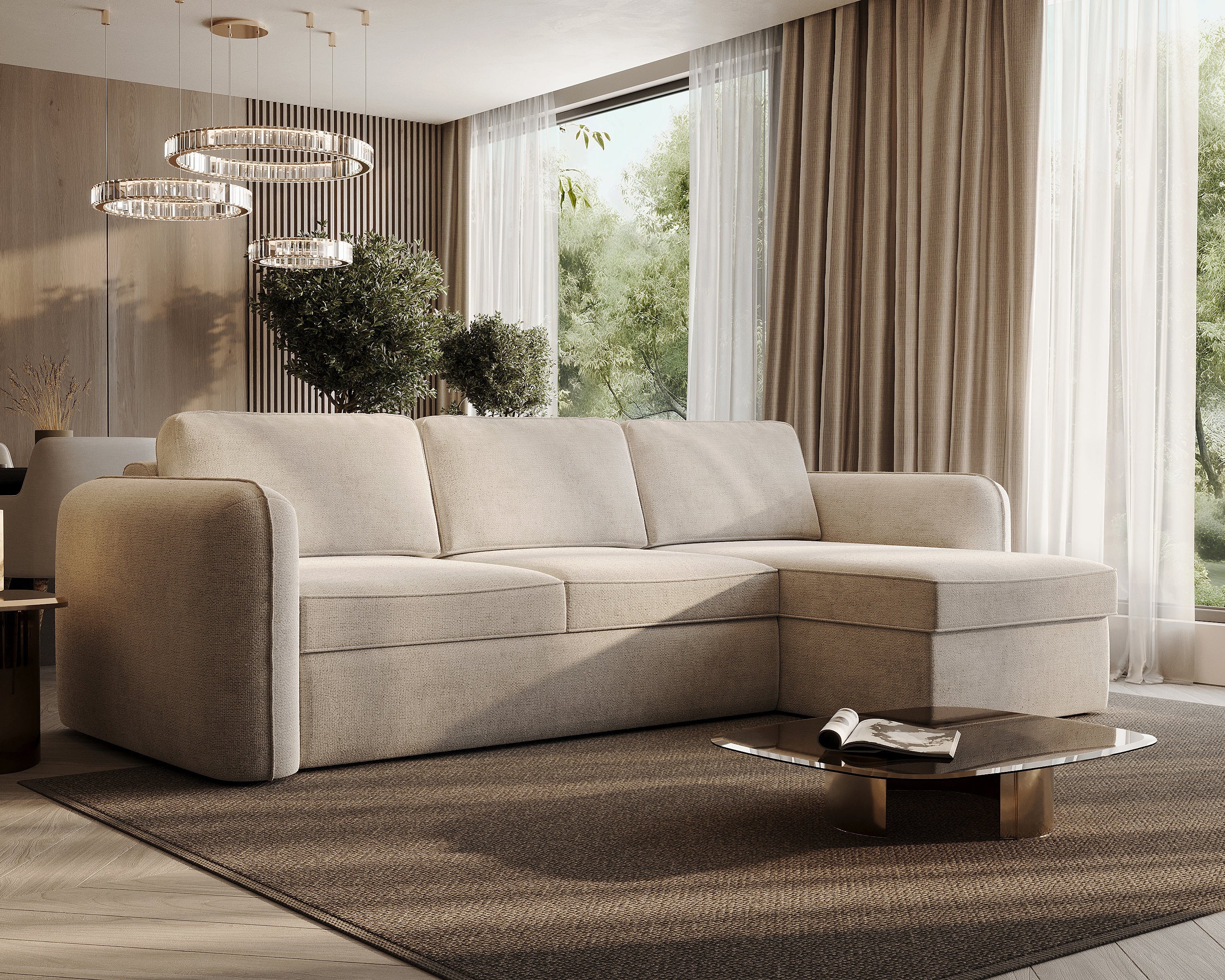 Modern living room with a beige sectional sofa, coffee table, and decorative items.
